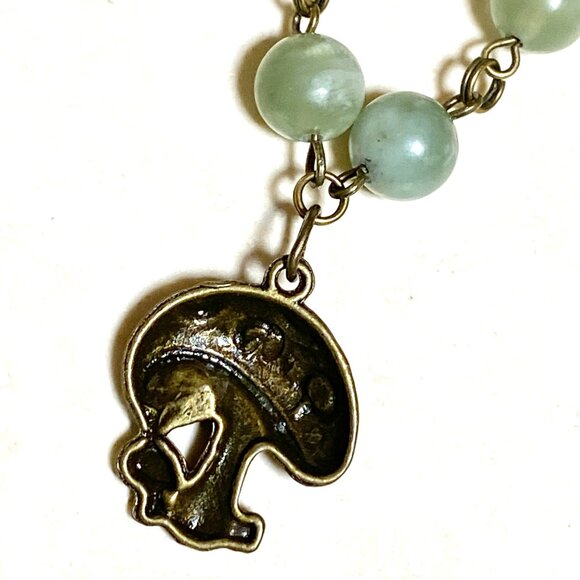 Natural Mint Green Serpentine Necklace, Bronze Round Mushroom+ Genuine Gemstone - Picture 5 of 16